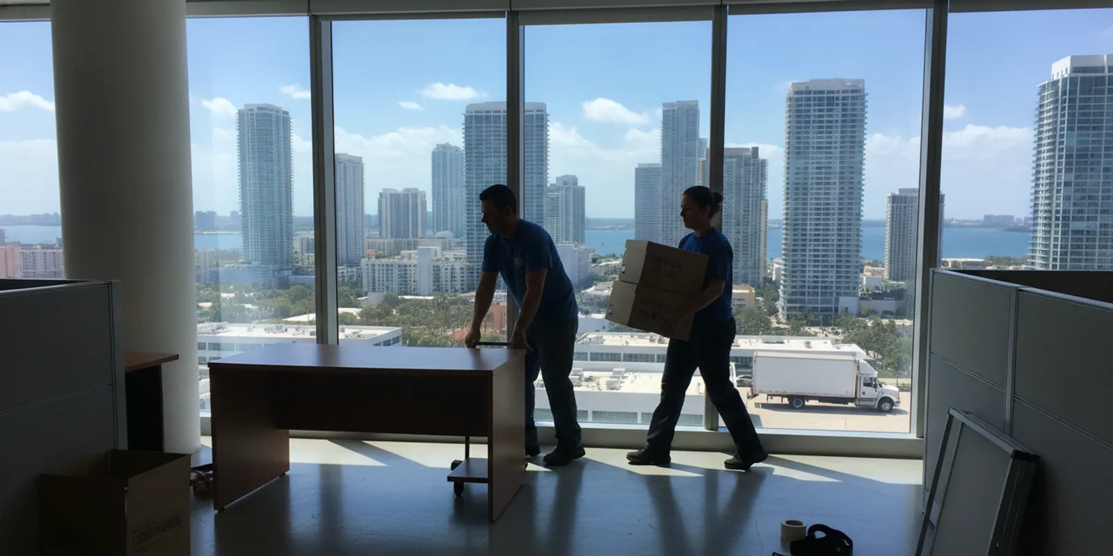 Movers relocating office desks and filing boxes inside a bright Brickell high-rise office — Movers Miami Plus