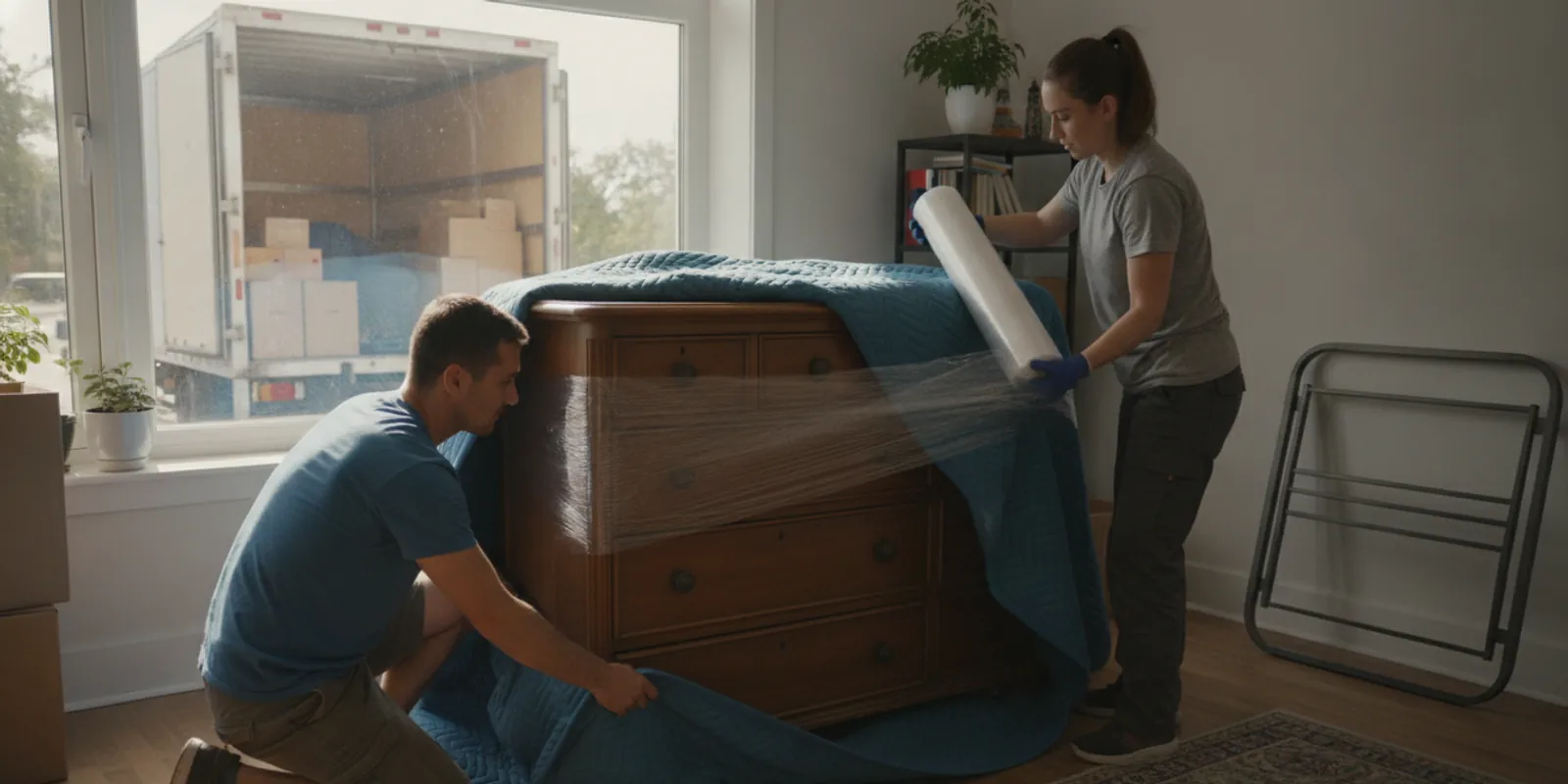Two movers wrapping a wooden dresser in moving blankets and stretch wrap in a living room — Movers Miami Plus