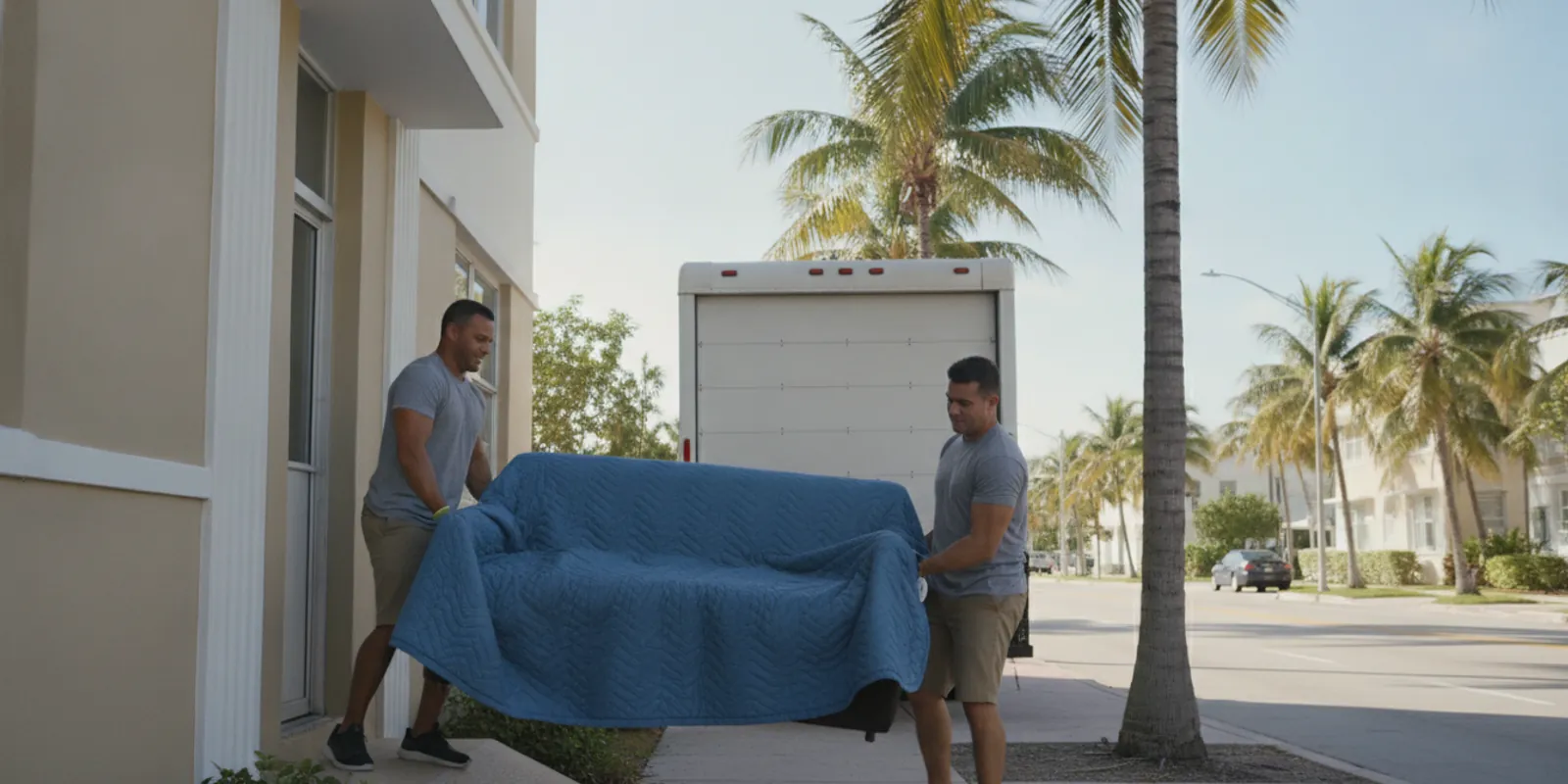 Two movers loading blanket-wrapped furniture into a moving truck on a Miami street — Movers Miami Plus