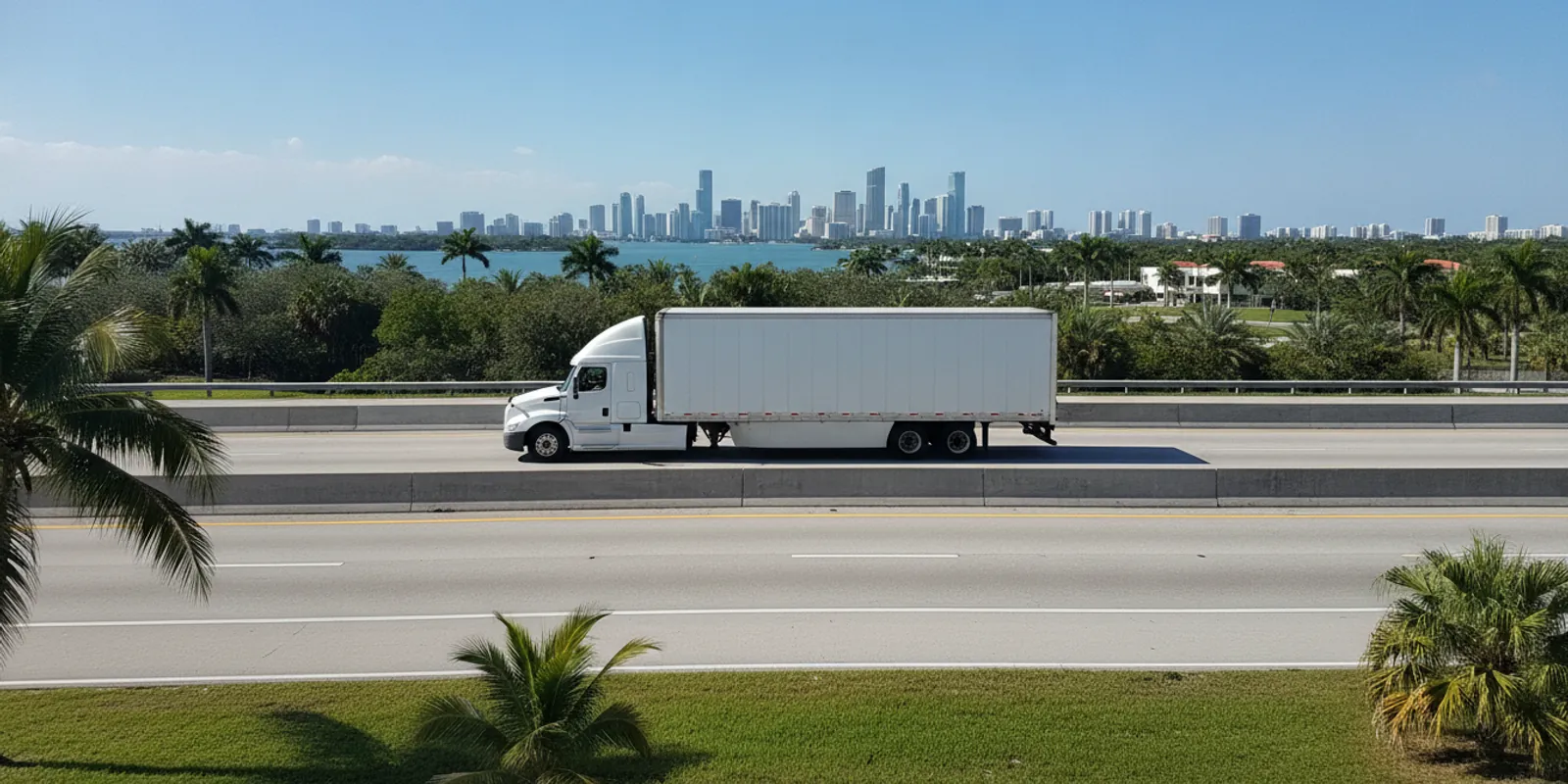 White long-haul moving truck on a South Florida highway with the Miami skyline behind — Movers Miami Plus