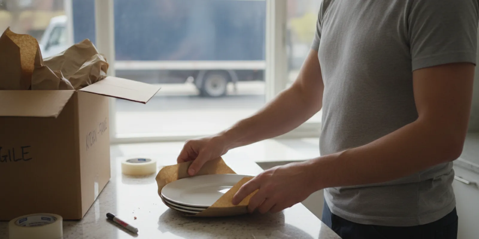 Professional packer wrapping dishes in packing paper into a labeled box on a bright kitchen counter — Movers Miami Plus